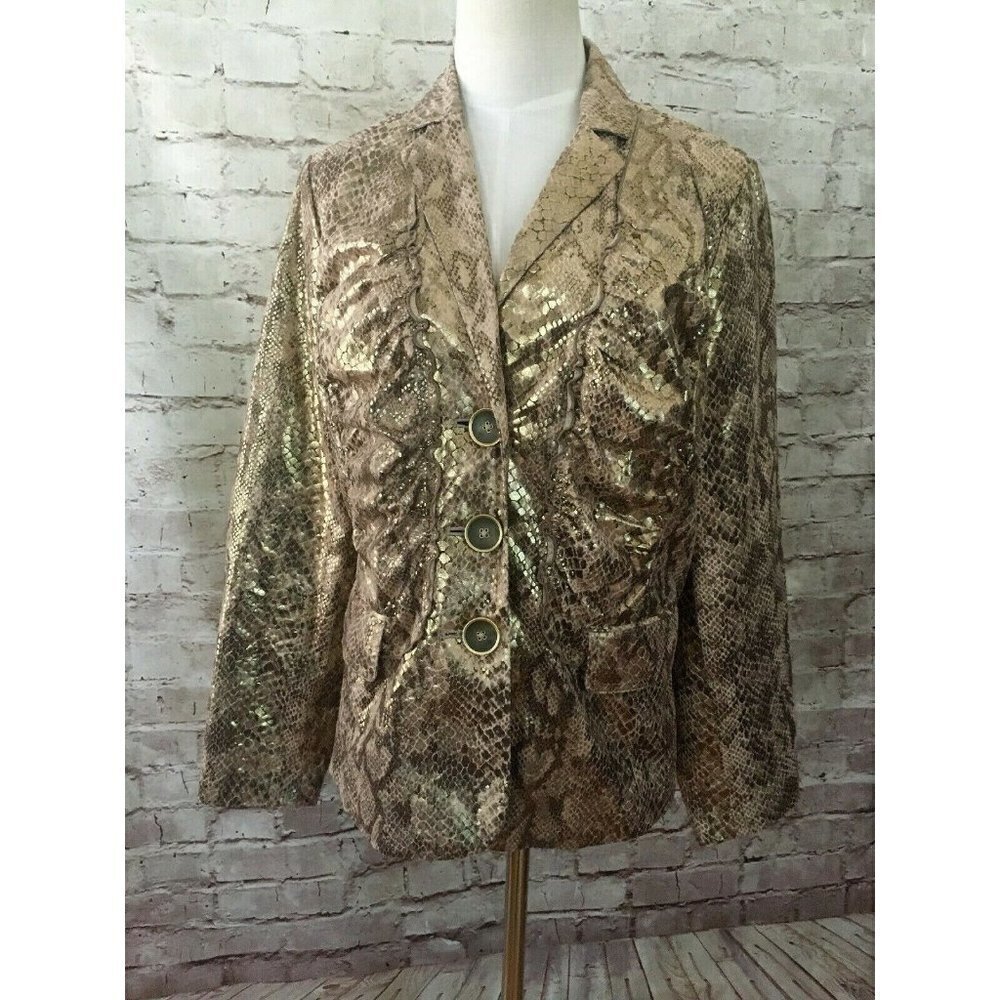 CHICOS 1  Gold Metallic Snakeskin LAYLA Jacket Long Sleeve Ruched Button Front
